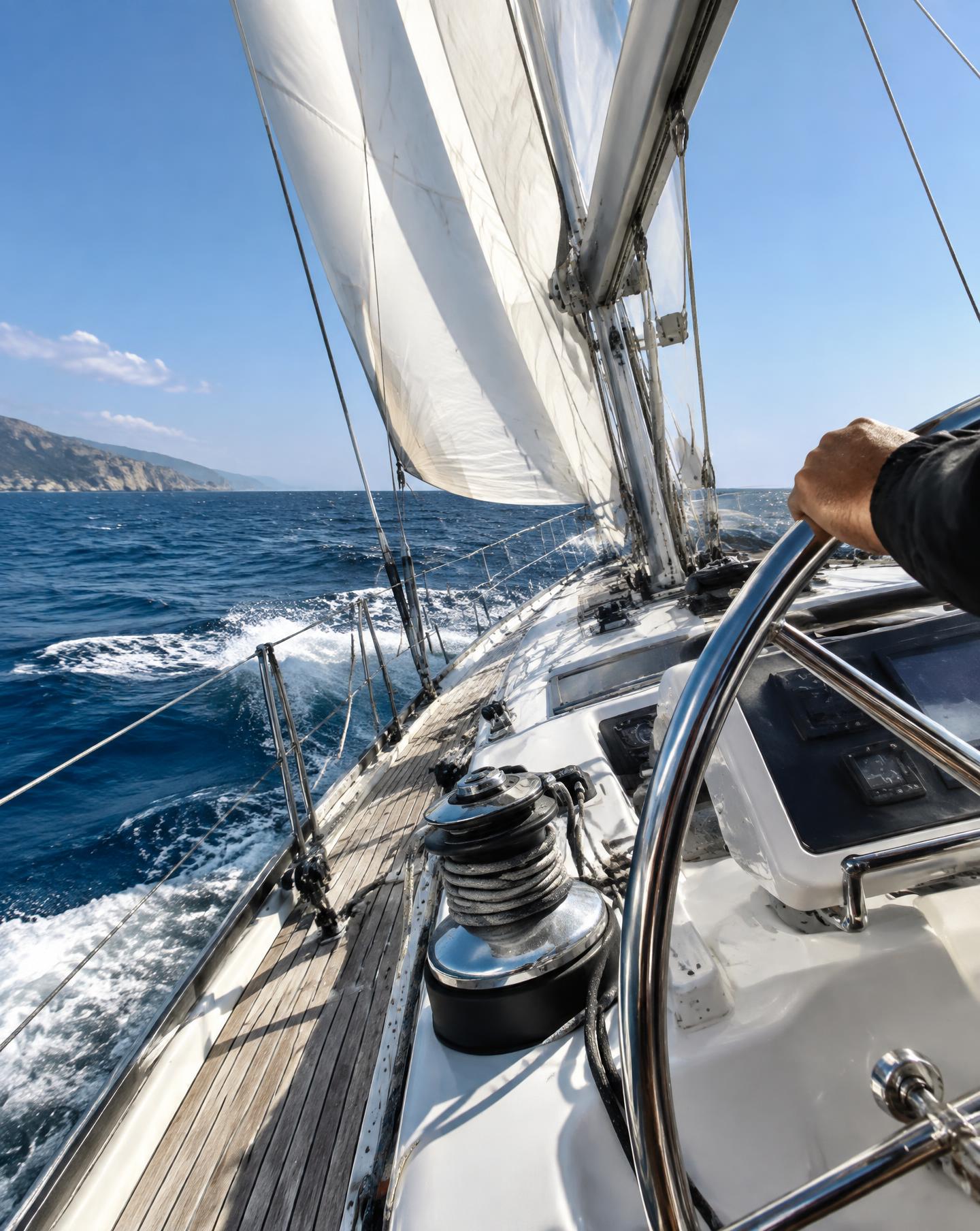 Hand on the wheel of a sailing yacht heeling under full sail on open water